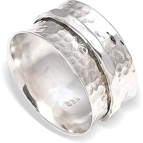 Anxiety Relief Silver Plated Spinner Ring Fidget Hammered Single Band Oxidized Concave Boho Band Meditation Ring Floral Pattern Handmade Brass Ring Stress Relief Wedding Gift Ring For Men & Women in Kuwait