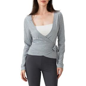 Women’s Ballet Wrap Top Long Sleeve Pilates Yoga Crop Tops Stylish Workout Cover Up Clothes Dance Shirt Activewear in Kuwait