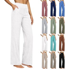 Summer Linen Pants for Women Wide Leg Elastic Waist Casual Beach Vacation Lounge Pant Dressy Flowy Plus Size Trouser in Kuwait