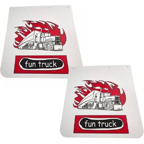 Pair White Fun Truck Pattern Semi Truck Straight Splash Guard 24" x 24" Heavy Duty Polymer Mud Flaps in Kuwait