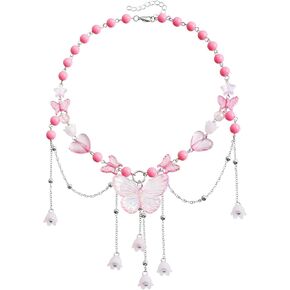 WETMT Layered Butterfly Choker Necklace for Women Purple Pink Blue Beaded Butterfly Necklace Fairy Heart Star Flower Charm Necklace Floral Tassel Renaissance Necklace Y2K Elf Rave Jewelry in Kuwait