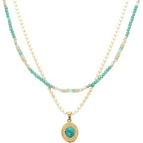 Boho Gemstone Necklaces Layered Green Beaded Necklace for Women Natural Stone Choker with Gold Turquoise Pendant Handmade Bohemian Jewelry Fashion in Kuwait