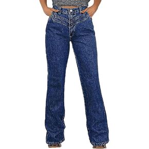 Flamingals Straight Leg Mid Rise Wash Stitch Detail Jeans for Women Casual Denim Pants with Pockets in Kuwait