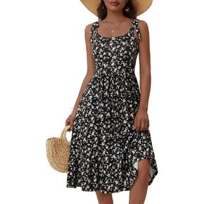 HUHOT المرأة 2026 الصيف الربيع فستان الشمس الأنيق الأزهار القوس الأشرطة مع جيوب مرونة الخصر فساتين متوسطة الطول in Kuwait