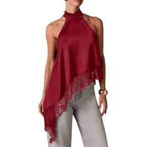 Women Satin Halter Top Lace Trim Mock Neck Tank Top Sleeveless Backless Asymmetric Hem Y2k Going Out Tops in Kuwait