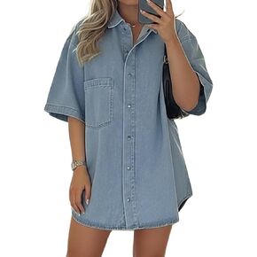 Women's Denim Shirt, Button Down Oversized Short Sleeve Jean Jackt Casual Denim Tops Outfits Trendy in Kuwait
