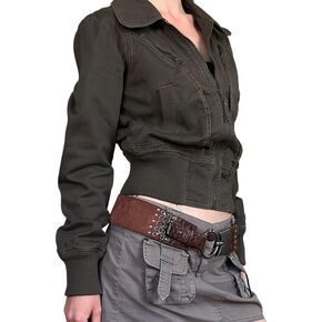 Women's casual crop top jacket zipper retro lightweight lapel jacket zipper waist cinching short jacket in Kuwait