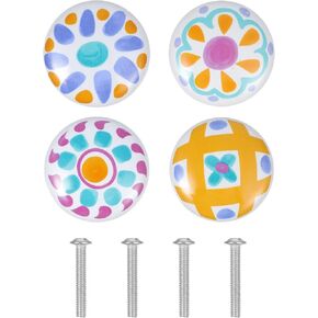 Ciieeo 4pcs Cartoon Ceramic Round Drawer Pull Knobs Single Hole Wardrobe Door Handles Furniture Accessories for Room Cabinet Dresser with Pink, Blue, Orange Sunburst Patterns in Kuwait