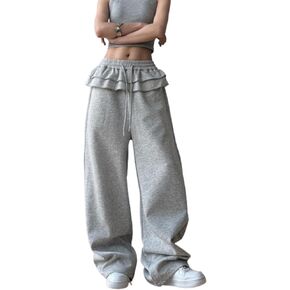 CUTEGAL Y2k سروال رياضي فضفاض قابل للطي للاستراحة مكشكش الخصر برباط واسع الساق سروال رياضي غير رسمي ملابس الشارع in Kuwait