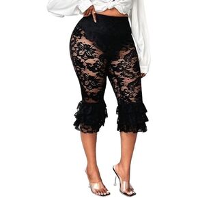 Women's Plus Size Lace Ruffle Layered Capri Pants High Waisted Sheer Cropped Leggings Trousers in Kuwait