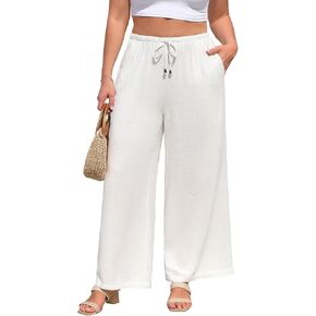 Women Plus Size Linen Palazzo Pants Summer High Waist Wide Leg Trousers Casual Boho 2026 Beach Travel Vacation Outfits in Kuwait