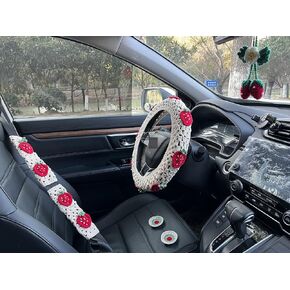 Handmade Crochet Strawberry Steering Wheel Cover Universal 14-15 inch for Women and Men (Wheel Cover+2belt Cover+2coaster+Strawberry) in Kuwait