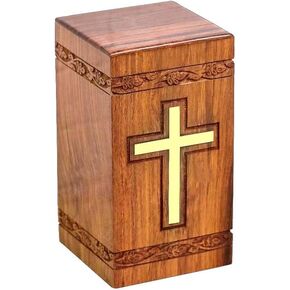 Wooden Urn Box With Brass Cross Urn For Adult Ashes Wood Cremation Urns For Male and Female | Decorative Urns For Human Ashes | Large Urns With Bottom Opening System in Saudi Arabia