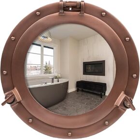 15 Inch Bathroom Wall Decor Ship Porthole Mirror with Copper Finish – Vintage Round Wall Mounted Mirror for Bathroom Vanity, Nautical Pirate Coastal Vintage Home Décor in Kuwait