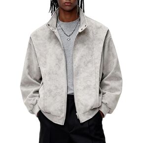 Bakyarder Men’s Faux Suede Leather Jackets Oversized Fall Coat Unisex Zip Up Bomber Open Front Outerwear in Kuwait