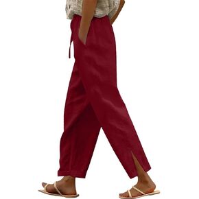 Linen Pants for Women 2026 Summer Casual Elastic High Waist Split Hem Pant with Pockets Travel Beach Outfit in Saudi Arabia