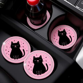 2 Pack Cute Cat Car Coasters for Women, 2.75" Absorbent Silicone Cup Holder Inserts – Pastel Pink Coffee & Books Design with Enjoy The Ride Quote, Cozy Auto Interior Decor Gifts in Saudi Arabia