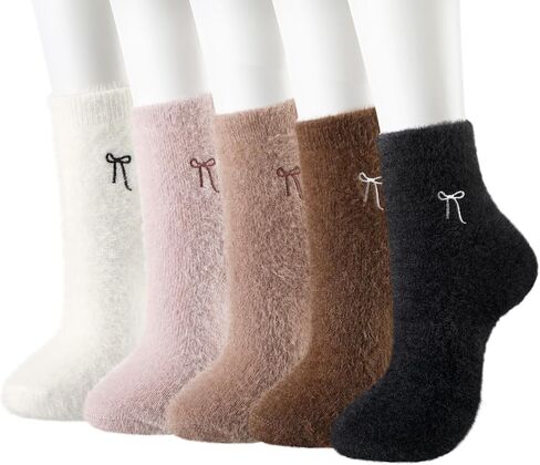 Patelai 5 Pairs Fuzzy Socks for Women Bow Fuzzy Plush Sleep Cozy Winter Soft Fluffy Socks Gifts for Womens Gifts in Saudi Arabia