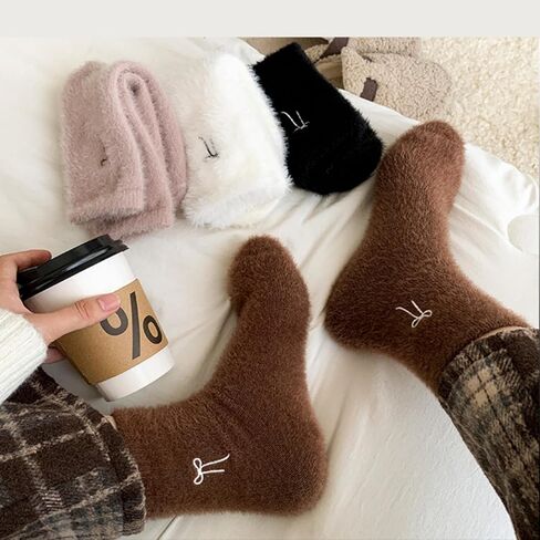 Patelai 5 Pairs Fuzzy Socks for Women Bow Fuzzy Plush Sleep Cozy Winter Soft Fluffy Socks Gifts for Womens Gifts in Saudi Arabia