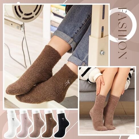 Patelai 5 Pairs Fuzzy Socks for Women Bow Fuzzy Plush Sleep Cozy Winter Soft Fluffy Socks Gifts for Womens Gifts in Saudi Arabia