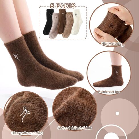 Patelai 5 Pairs Fuzzy Socks for Women Bow Fuzzy Plush Sleep Cozy Winter Soft Fluffy Socks Gifts for Womens Gifts in Saudi Arabia