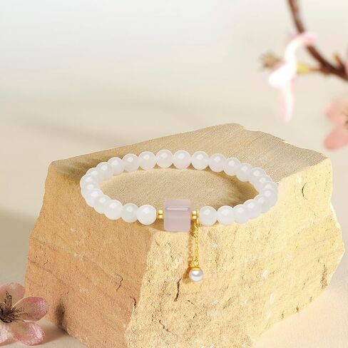 24K Solid Gold Bracelets, Real Pure Gold Jewelry White Nephrite Jade Beaded Bracelets Dainty Pink Jade and Pearl for Women Men Girlfriend in Saudi Arabia