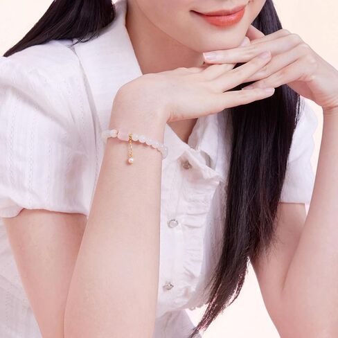 24K Solid Gold Bracelets, Real Pure Gold Jewelry White Nephrite Jade Beaded Bracelets Dainty Pink Jade and Pearl for Women Men Girlfriend in Saudi Arabia