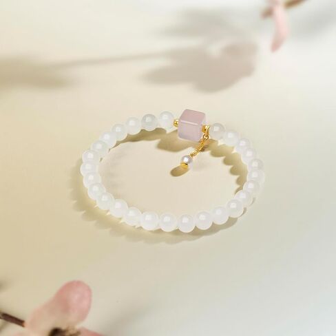 24K Solid Gold Bracelets, Real Pure Gold Jewelry White Nephrite Jade Beaded Bracelets Dainty Pink Jade and Pearl for Women Men Girlfriend in Saudi Arabia