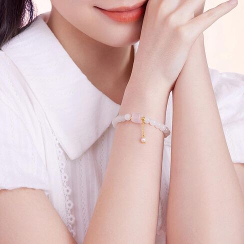 24K Solid Gold Bracelets, Real Pure Gold Jewelry White Nephrite Jade Beaded Bracelets Dainty Pink Jade and Pearl for Women Men Girlfriend in Saudi Arabia