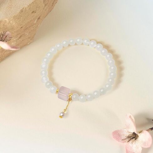 24K Solid Gold Bracelets, Real Pure Gold Jewelry White Nephrite Jade Beaded Bracelets Dainty Pink Jade and Pearl for Women Men Girlfriend in Saudi Arabia