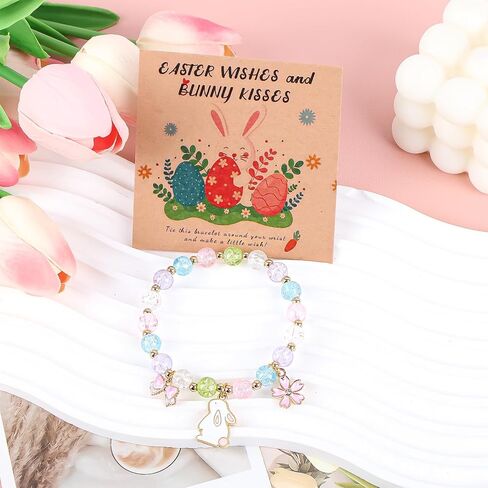 Easter Bracelets Gifts for Girls Women Bunny Beaded Stretch Bracelet Easter Basket Stuffers Cute Bunny Flowers Charm Decorations Presents for Girl Granddaughter Daughter Niece in Kuwait