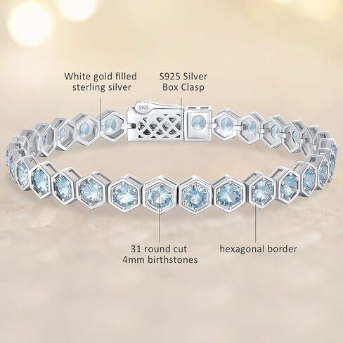 Tennis Bracelets for Women White Gold Birthstone Bracelets 925 Sterling Silver Birthday Gifts Hexagon Round Cut Gemstone Prong Setting 7 Inch Wedding Anniversary Everyday Jewelry Gift in Saudi Arabia