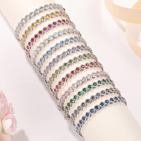 Tennis Bracelets for Women White Gold Birthstone Bracelets 925 Sterling Silver Birthday Gifts Hexagon Round Cut Gemstone Prong Setting 7 Inch Wedding Anniversary Everyday Jewelry Gift in Saudi Arabia