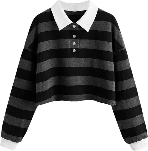 Remidoo Women's Collared Half Button Long Sleeve Striped Crop Top Sweatshirt in Kuwait