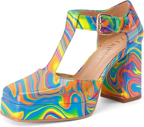 Women's T-Strap Platform Heels Chunky Block High Heel Closed Square Toe Ankle Strap Mary Jane Dress Comfortable Patent Leather Pumps Shoes in Kuwait