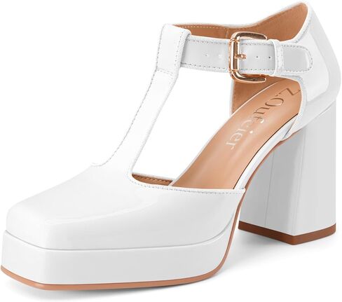 Women's T-Strap Platform Heels Chunky Block High Heel Closed Square Toe Ankle Strap Mary Jane Dress Comfortable Patent Leather Pumps Shoes in Saudi Arabia
