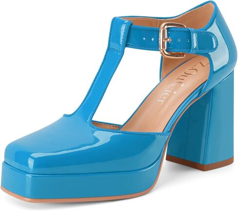 Women's T-Strap Platform Heels Chunky Block High Heel Closed Square Toe Ankle Strap Mary Jane Dress Comfortable Patent Leather Pumps Shoes in Saudi Arabia
