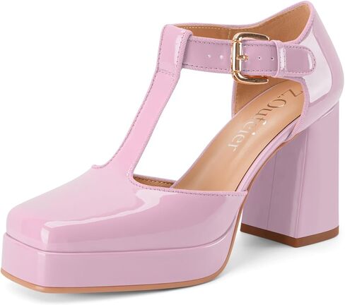 Women's T-Strap Platform Heels Chunky Block High Heel Closed Square Toe Ankle Strap Mary Jane Dress Comfortable Patent Leather Pumps Shoes in Saudi Arabia