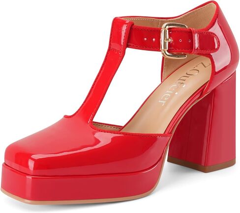 Women's T-Strap Platform Heels Chunky Block High Heel Closed Square Toe Ankle Strap Mary Jane Dress Comfortable Patent Leather Pumps Shoes in Saudi Arabia