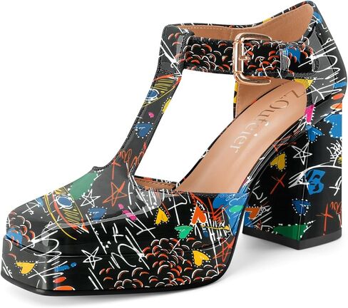 Women's T-Strap Platform Heels Chunky Block High Heel Closed Square Toe Ankle Strap Mary Jane Dress Comfortable Patent Leather Pumps Shoes in Saudi Arabia