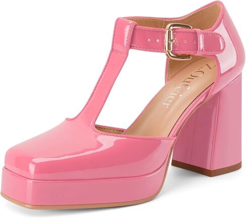 Women's T-Strap Platform Heels Chunky Block High Heel Closed Square Toe Ankle Strap Mary Jane Dress Comfortable Patent Leather Pumps Shoes in Saudi Arabia