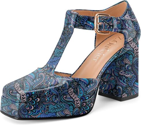 Women's T-Strap Platform Heels Chunky Block High Heel Closed Square Toe Ankle Strap Mary Jane Dress Comfortable Patent Leather Pumps Shoes in Saudi Arabia
