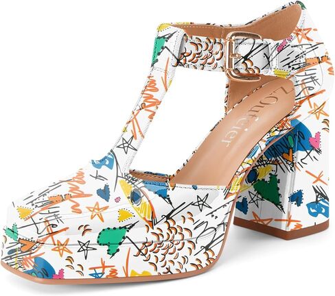 Women's T-Strap Platform Heels Chunky Block High Heel Closed Square Toe Ankle Strap Mary Jane Dress Comfortable Patent Leather Pumps Shoes in Saudi Arabia