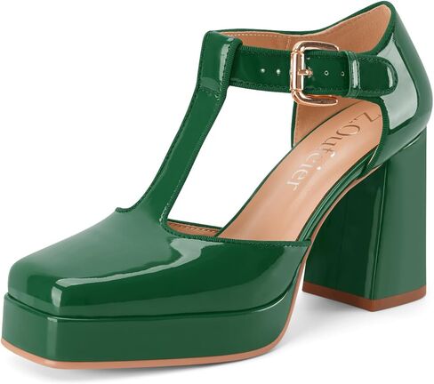 Women's T-Strap Platform Heels Chunky Block High Heel Closed Square Toe Ankle Strap Mary Jane Dress Comfortable Patent Leather Pumps Shoes in Saudi Arabia