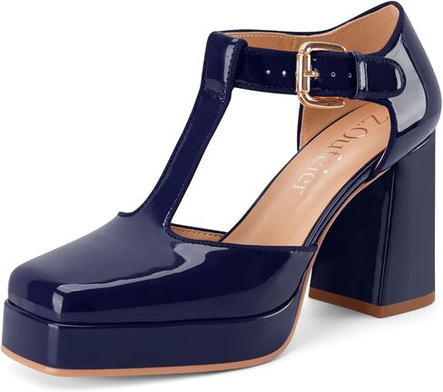 Women's T-Strap Platform Heels Chunky Block High Heel Closed Square Toe Ankle Strap Mary Jane Dress Comfortable Patent Leather Pumps Shoes in Saudi Arabia