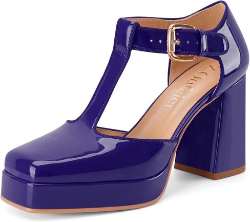 Women's T-Strap Platform Heels Chunky Block High Heel Closed Square Toe Ankle Strap Mary Jane Dress Comfortable Patent Leather Pumps Shoes in Saudi Arabia