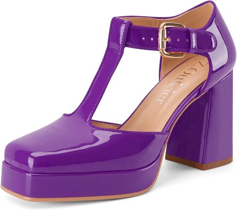 Women's T-Strap Platform Heels Chunky Block High Heel Closed Square Toe Ankle Strap Mary Jane Dress Comfortable Patent Leather Pumps Shoes in Saudi Arabia