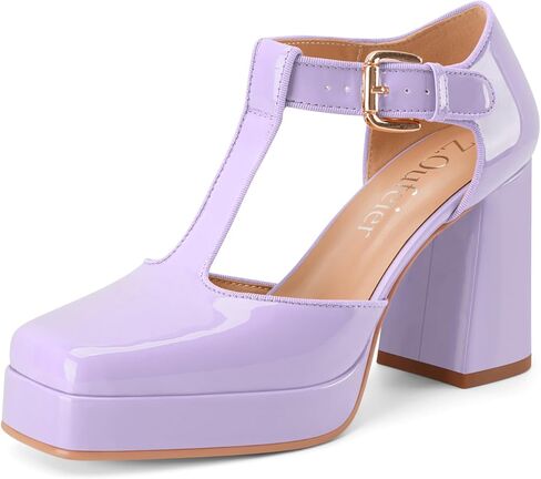 Women's T-Strap Platform Heels Chunky Block High Heel Closed Square Toe Ankle Strap Mary Jane Dress Comfortable Patent Leather Pumps Shoes in Saudi Arabia
