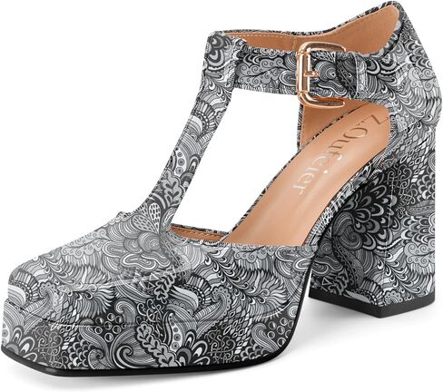 Women's T-Strap Platform Heels Chunky Block High Heel Closed Square Toe Ankle Strap Mary Jane Dress Comfortable Patent Leather Pumps Shoes in Saudi Arabia