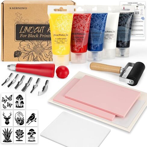 مجموعة Linocut لصناعة الطباعة، مجموعة أدوات Linocut مكونة من 39 قطعة مع 5 أحبار وقوالب ملونة، مجموعة أدوات صناعة الطباعة الفنية ومستلزمات الحرف اليدوية للمبتدئين in Kuwait